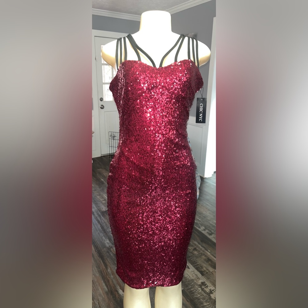 Wine Sequin Spaghetti Strap Midi Dress